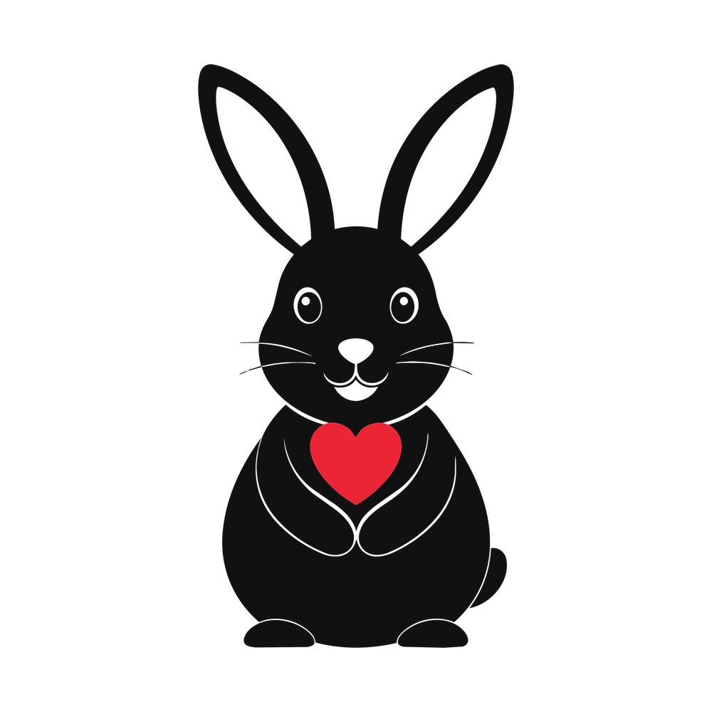 Black cartoon bunny facing forward with long ears, whiskers and a red heart held in its paws