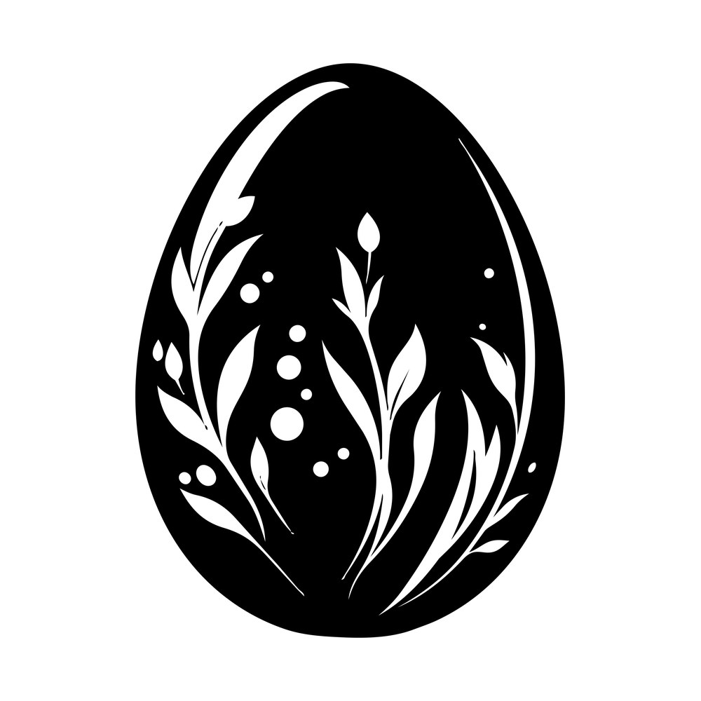 Black Easter egg silhouette with cut-out leaves, tulip bud and scattered dots inside
