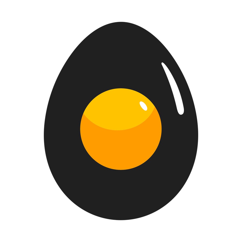 Flat fried egg sticker with dark shell shape, round orange yolk and white gloss highlights