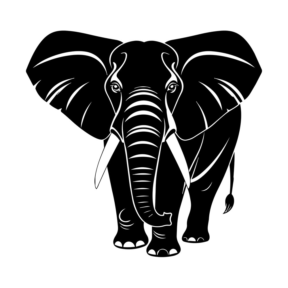 Black front-facing elephant with wide ears, curved tusks and a ringed trunk in cut-file style