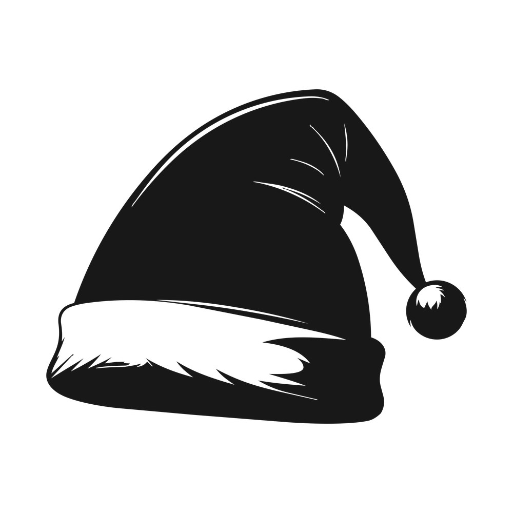 Black elf hat silhouette in side view with fur brim and round pom-pom on the tip