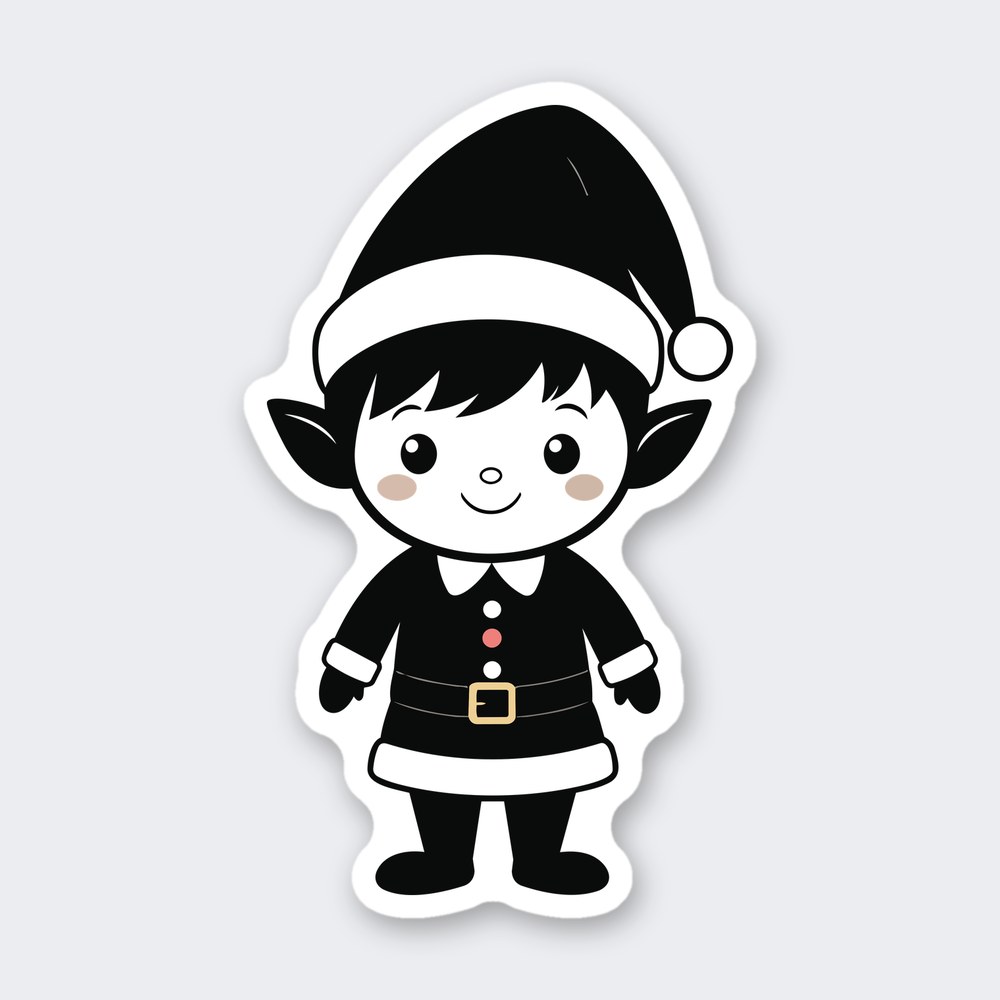 Cute cartoon elf with pointed ears, floppy pompom hat and belted tunic with gold buckle