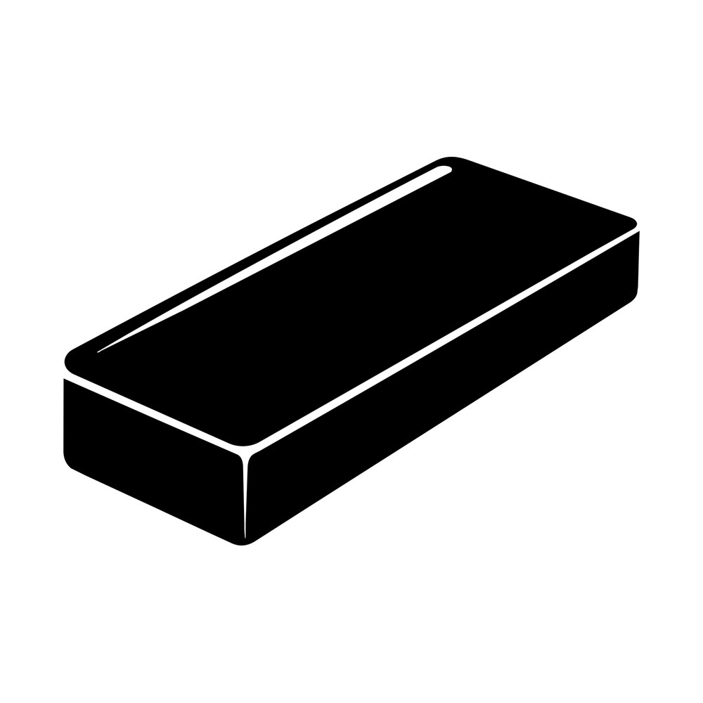 Black rectangular block eraser at an angle with thin white lines along its edges