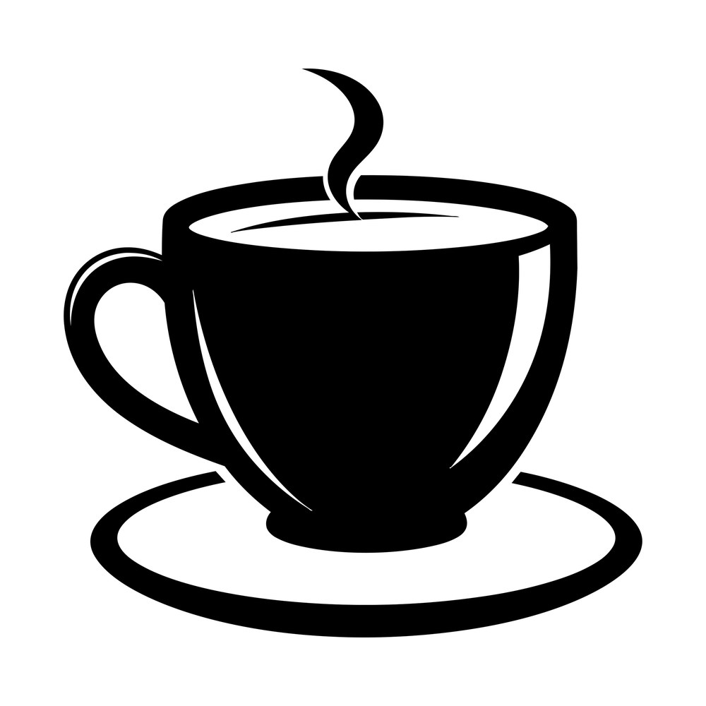 Black coffee cup on a saucer with a curl of rising steam, sticker style