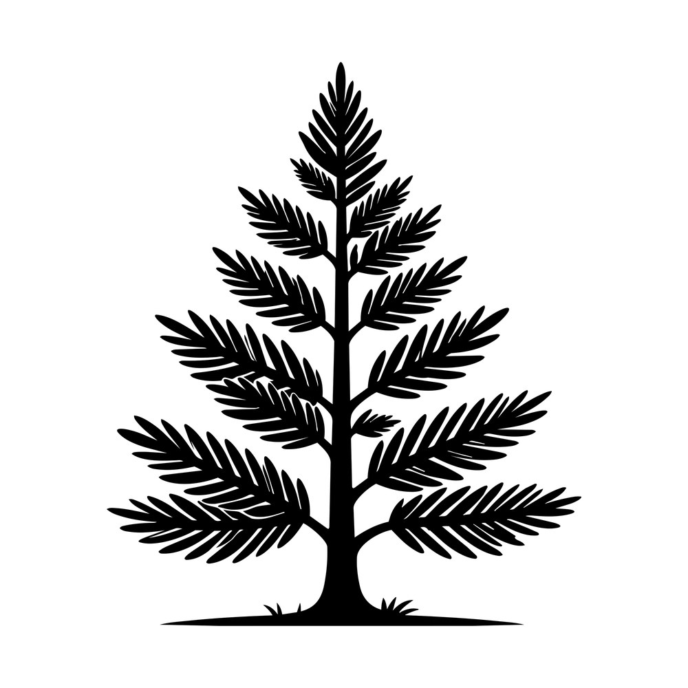 Black evergreen conifer tree silhouette with layered needle branches and small grass base