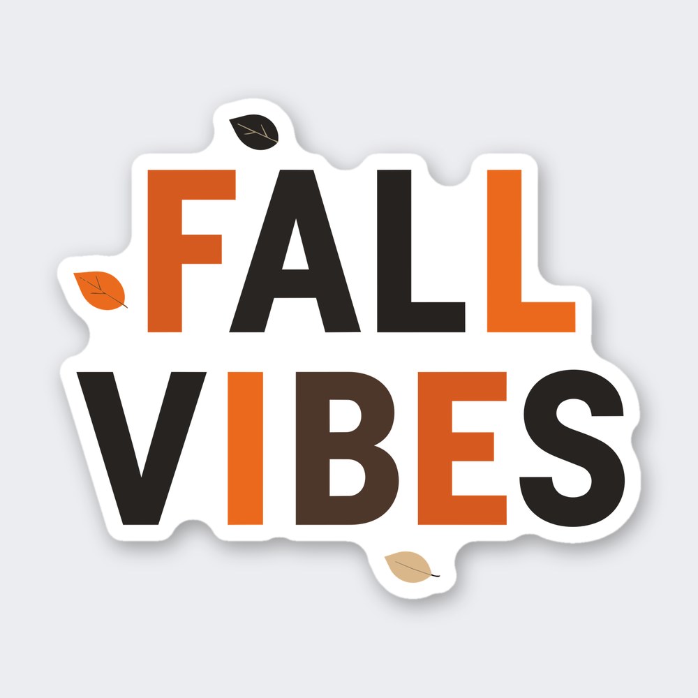 Fall Vibes in chunky orange, brown and black block letters with three small falling leaves