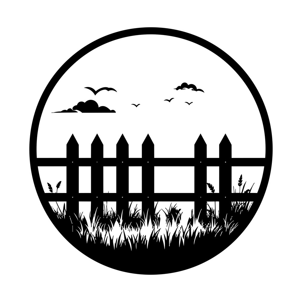 Circular black badge showing a picket fence with meadow grass, wheat, clouds and birds in the sky