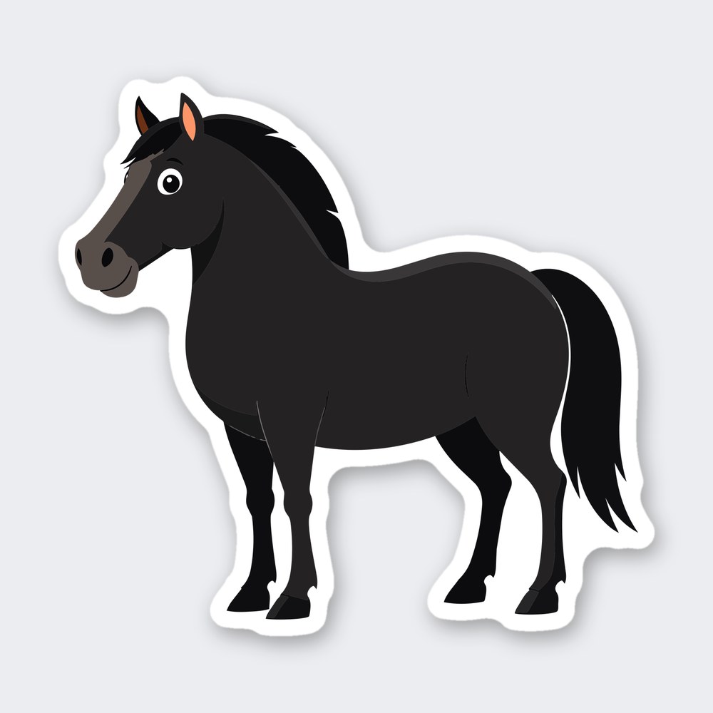 Cartoon black horse standing in side profile with gray muzzle, pink inner ears and flowing mane