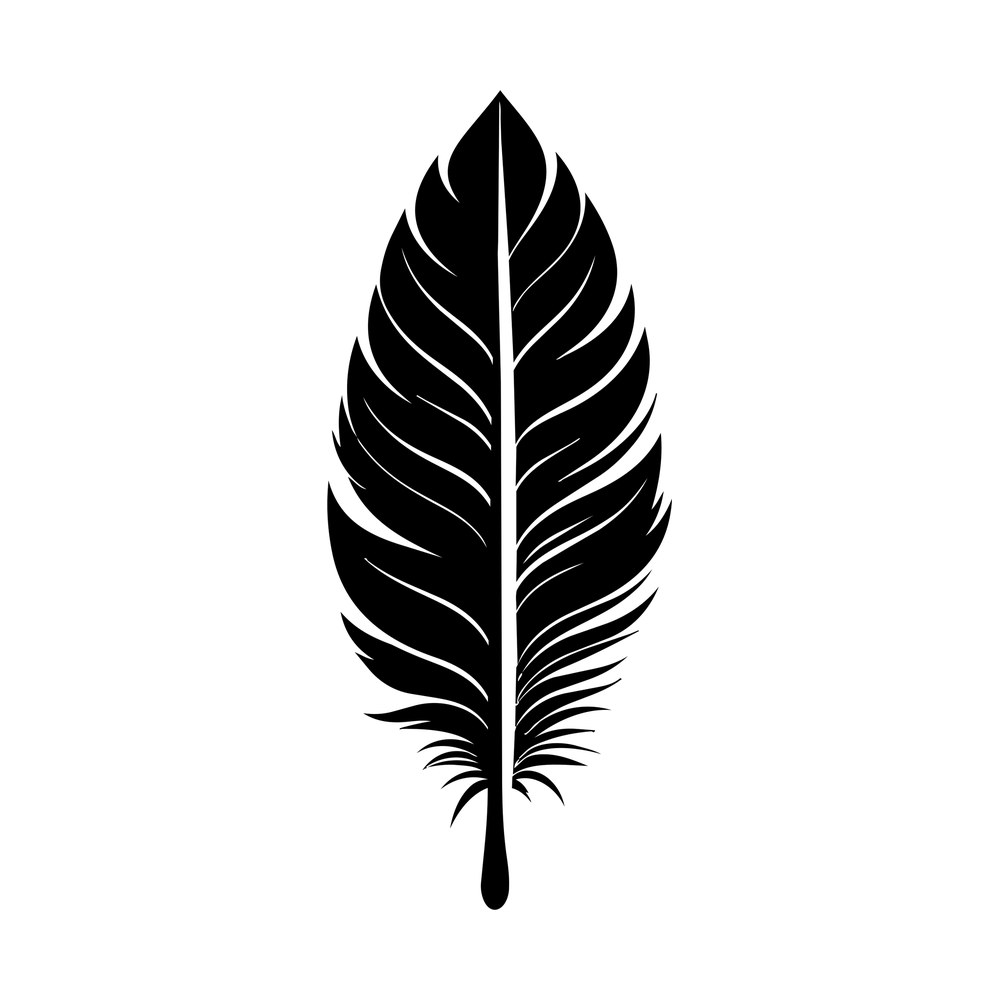 Black boho feather sticker with fine barb lines on both sides and a teardrop quill tip