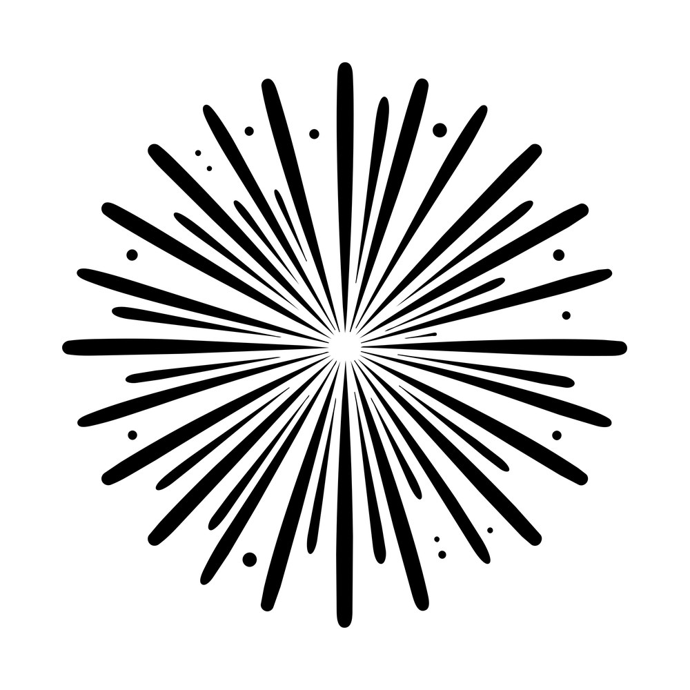 Black hand drawn firework burst with long tapered rays and small scattered spark dots