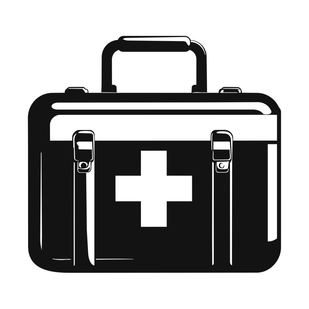 Black silhouette first aid kit case with carry handle, buckle straps and a white medical cross