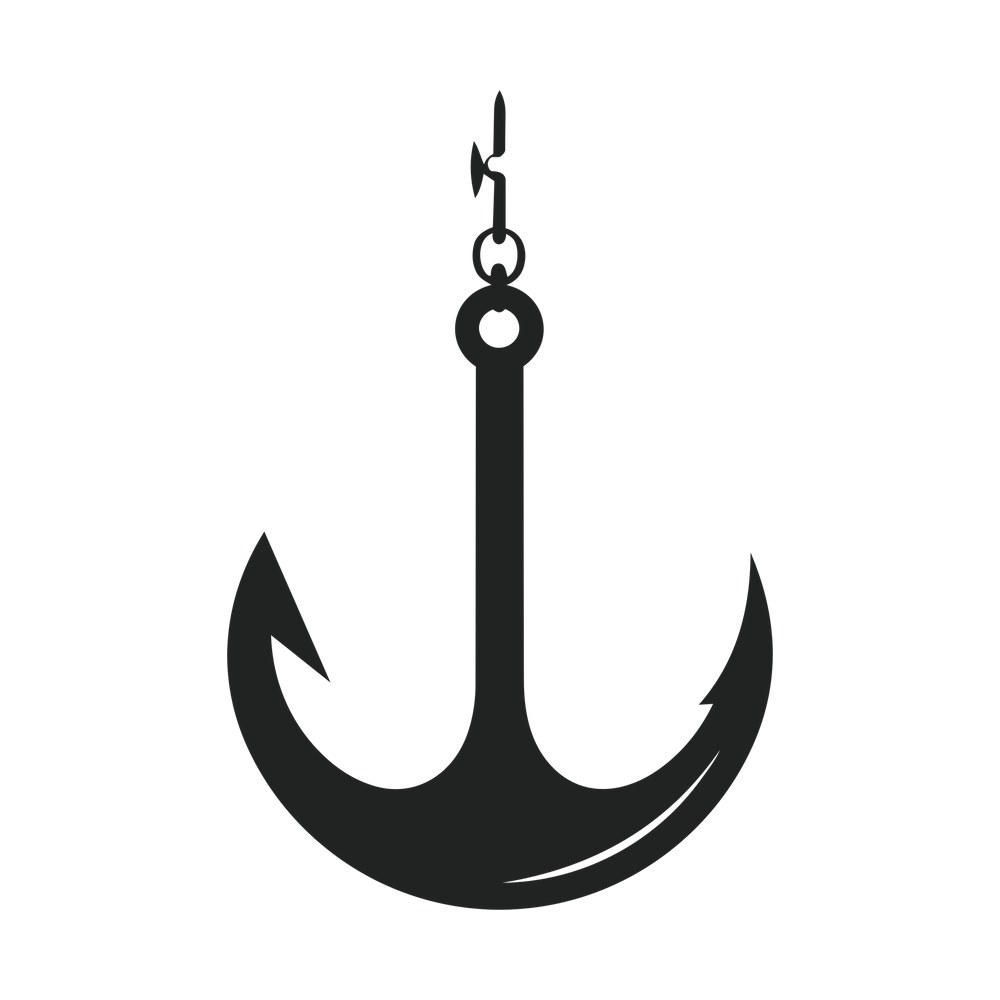 Dark silhouette sticker of an anchor-shaped double fish hook with eye ring, swivel and barbed points