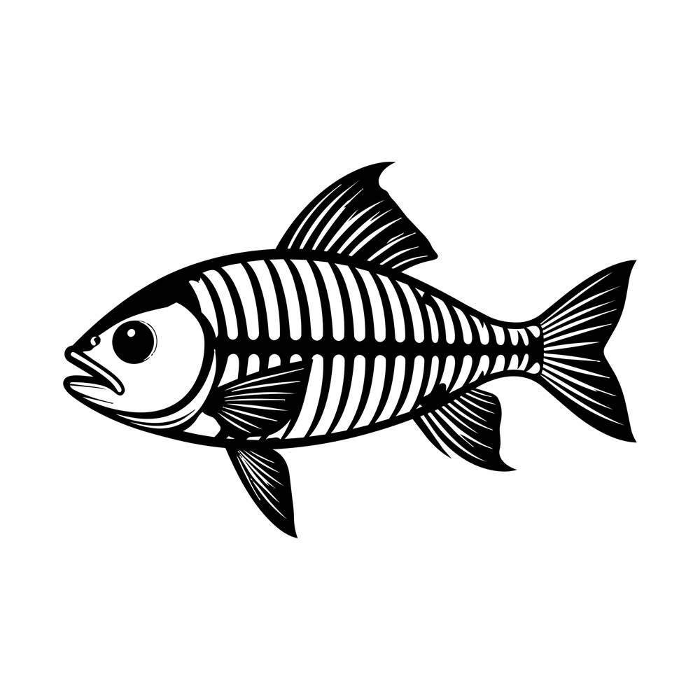 Bold line art fish shown x-ray style with visible ribs and spine, spiny fins and a fanned tail