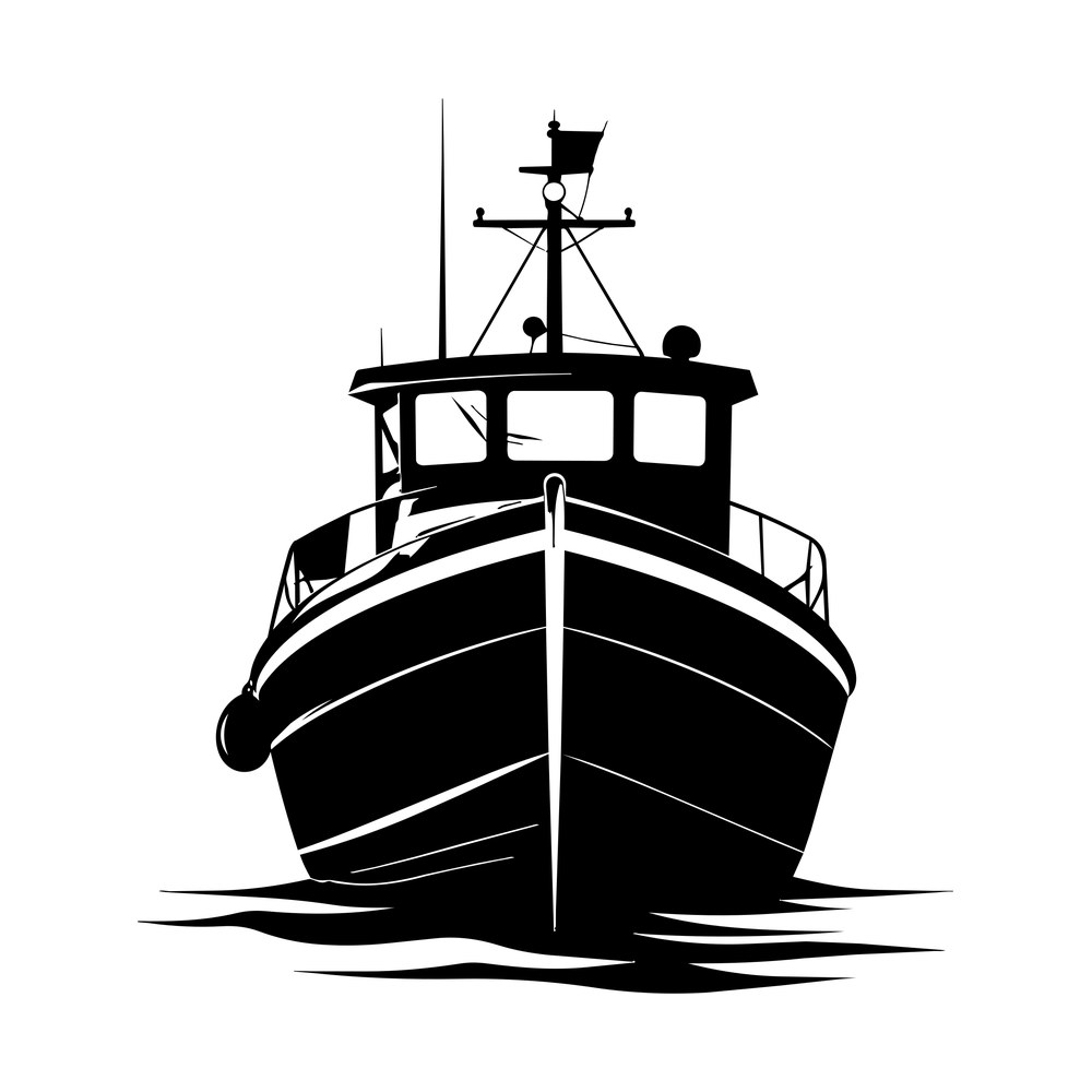Black fishing boat seen head on with wheelhouse, rigging mast and waves beneath the hull
