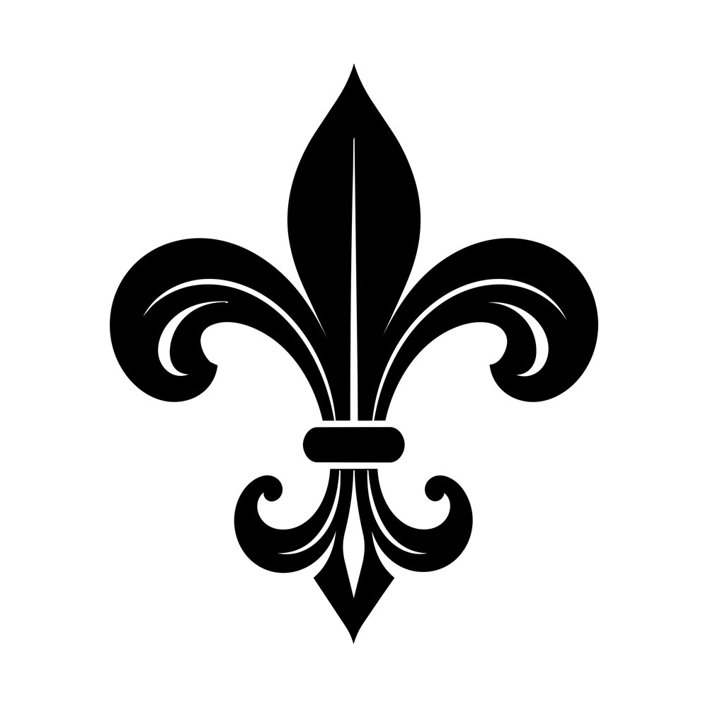 Black fleur de lis emblem with pointed center petal, curled side scrolls and a center band