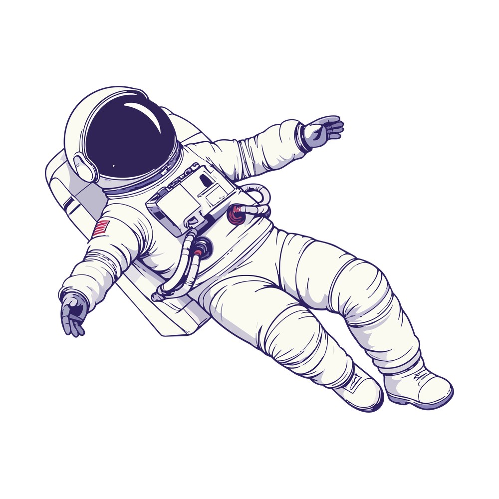 Line art astronaut floating in a white spacesuit with dark visor and chest control panel