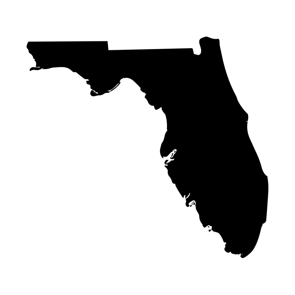 Solid black silhouette map of the state of Florida with detailed Gulf coast and keys