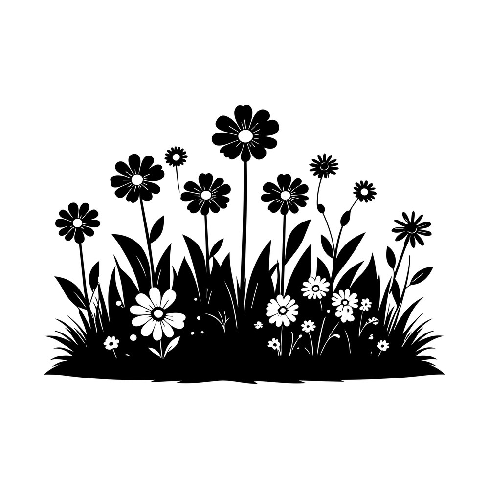 Black silhouette of a wildflower bed with tall daisies, buds and grass blades along a ground line