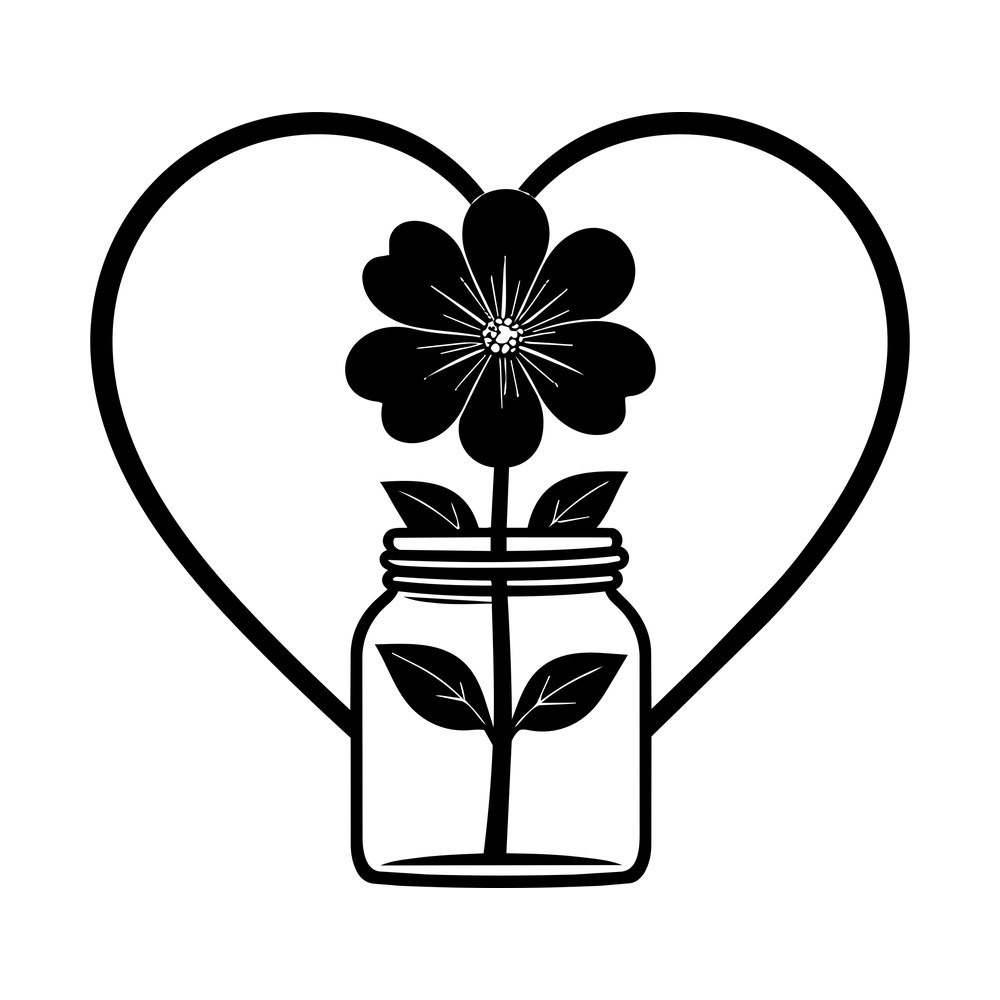 Line art mason jar with one flower and leaves framed by a hand drawn heart outline
