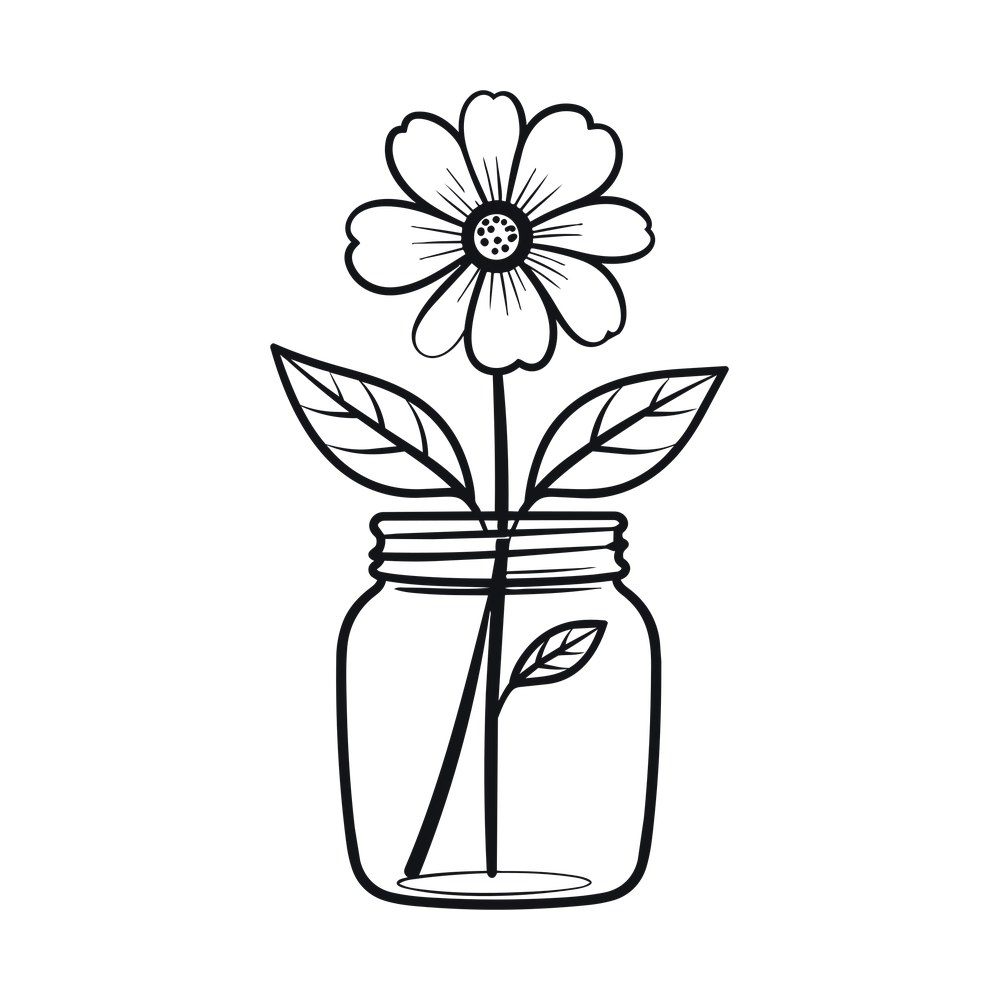 Line drawing of a daisy with leaves standing in a ribbed mason jar, black outlines on white