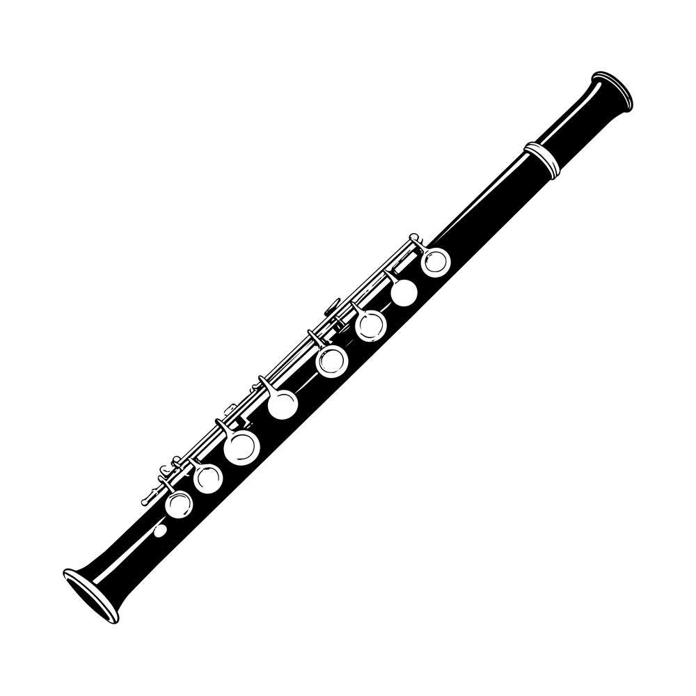 Black flute shown diagonally with white outlined keys, rods and lip plate detail