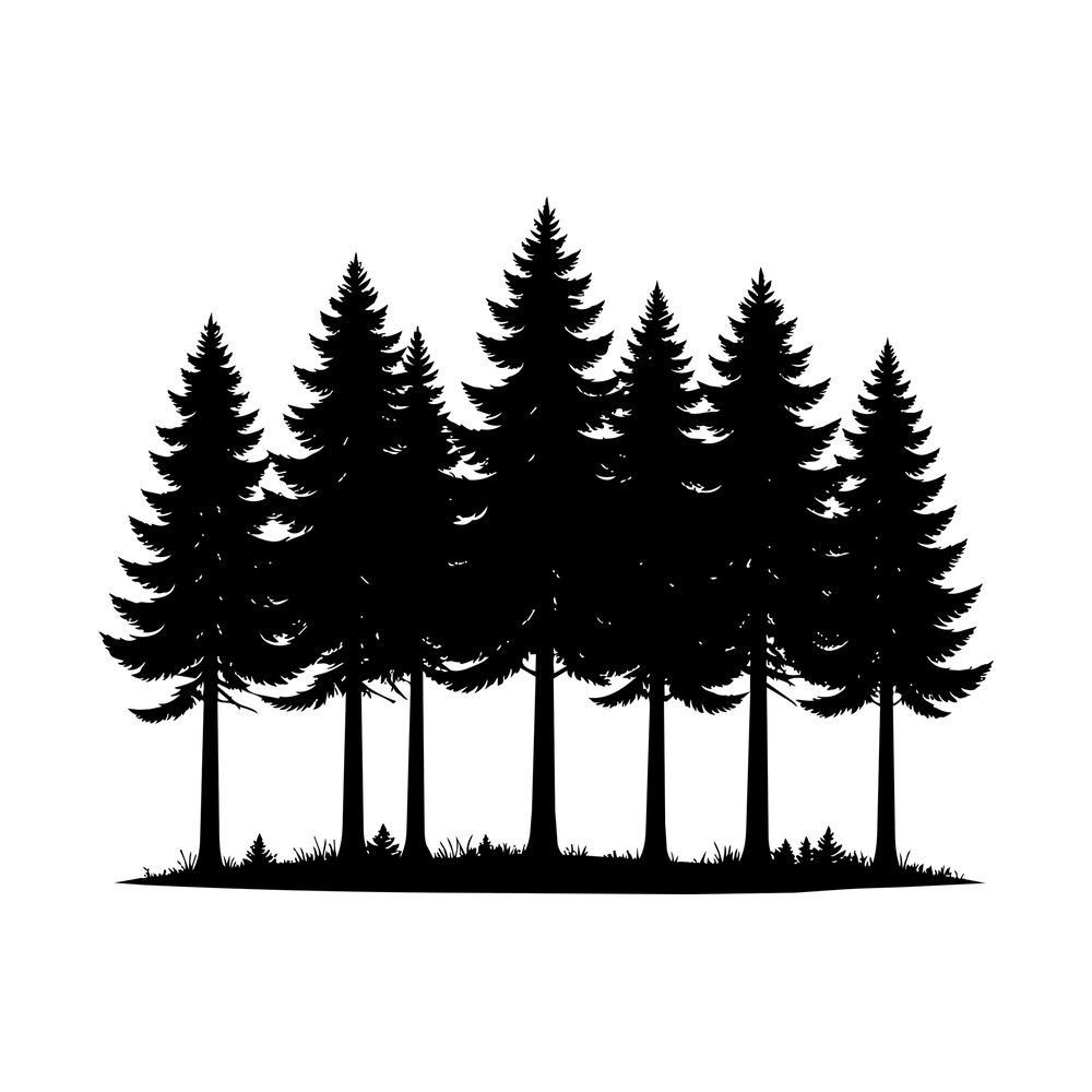 Black silhouette sticker of seven tall pine trees in a row above a grassy ground line