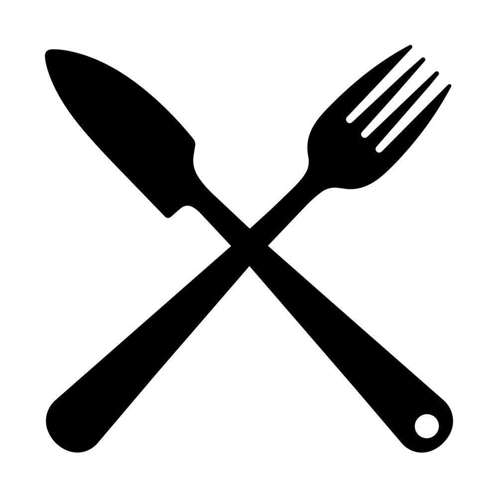 Black silhouette sticker of a fork and table knife crossed in an X shape