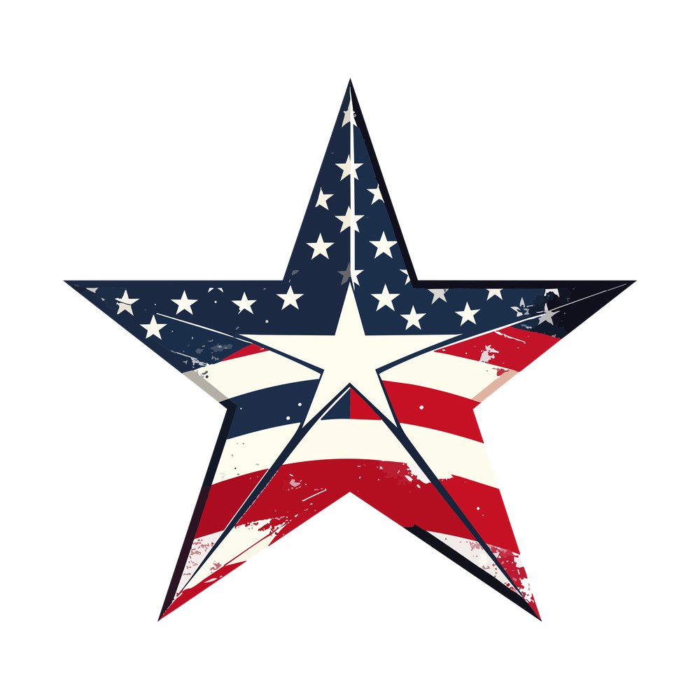 Five-pointed star filled with a distressed American flag, navy star field above red and cream stripes