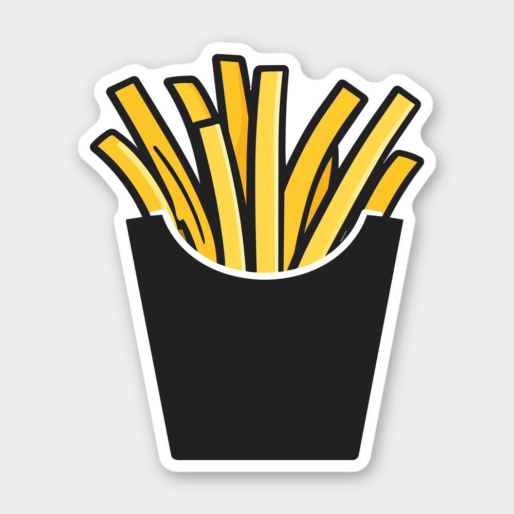 Cartoon sticker of a dark takeout carton filled with golden yellow french fries and black outlines