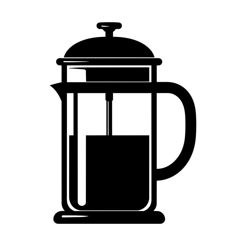 Black silhouette sticker of a French press coffee maker with domed lid, plunger rod and side handle