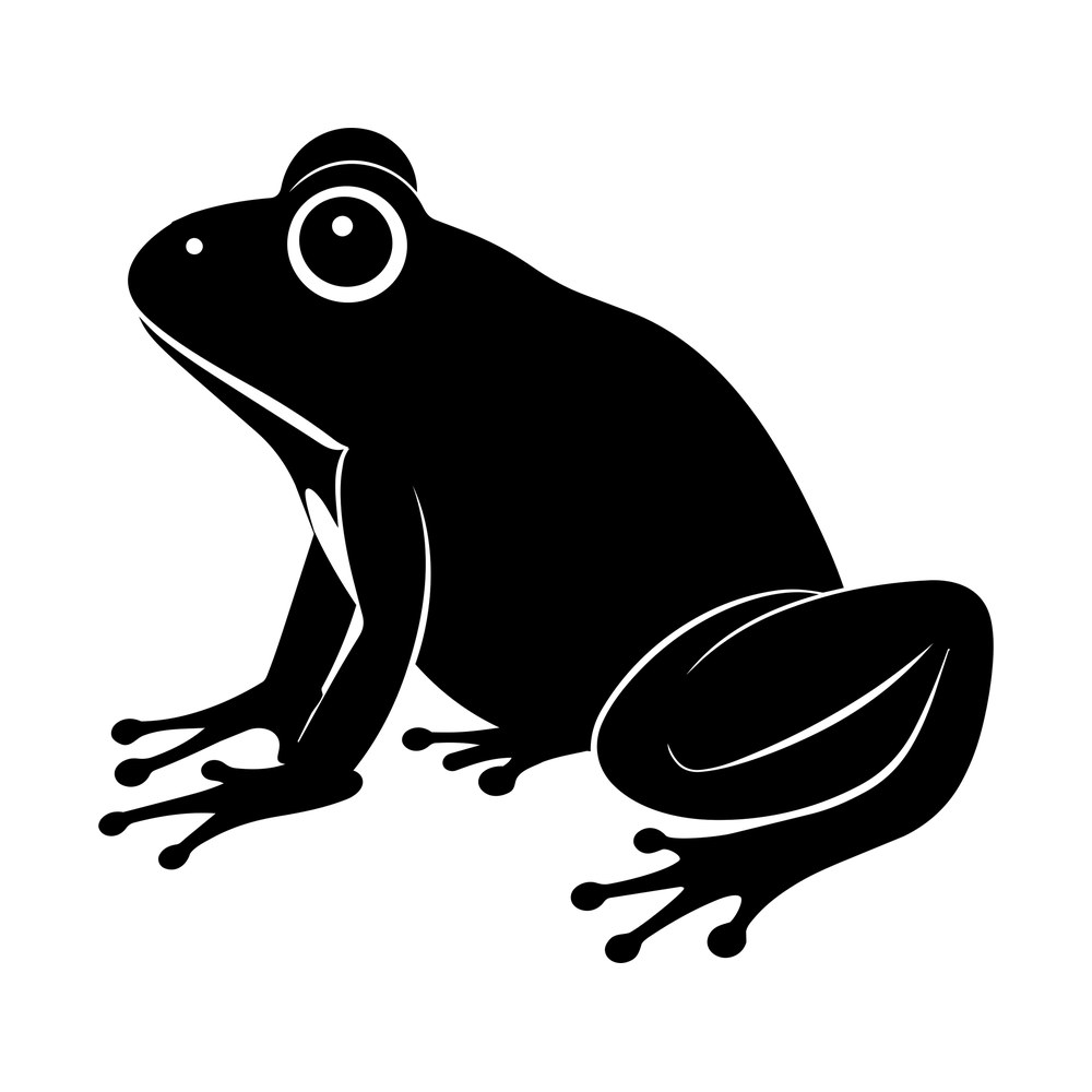 Black frog silhouette sitting in side profile with a large round eye and spread toes