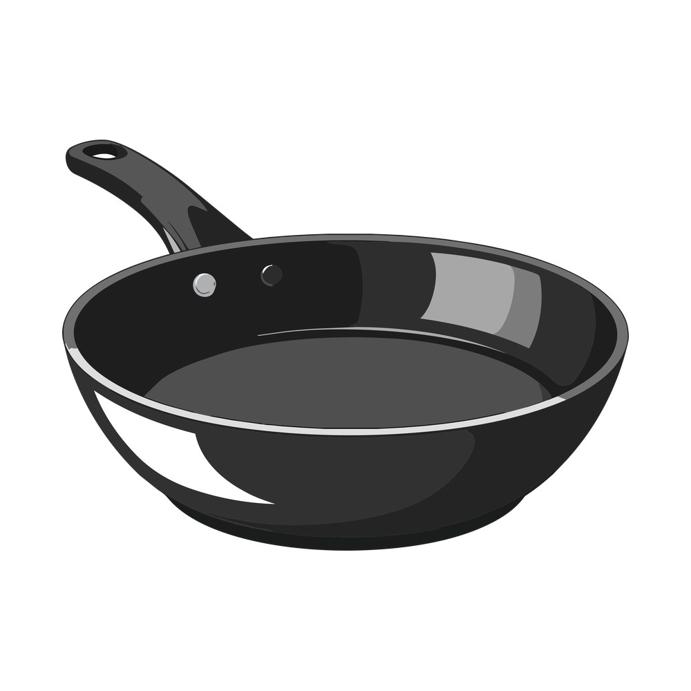 Glossy black nonstick frying pan with riveted long handle and steel rim, angled view