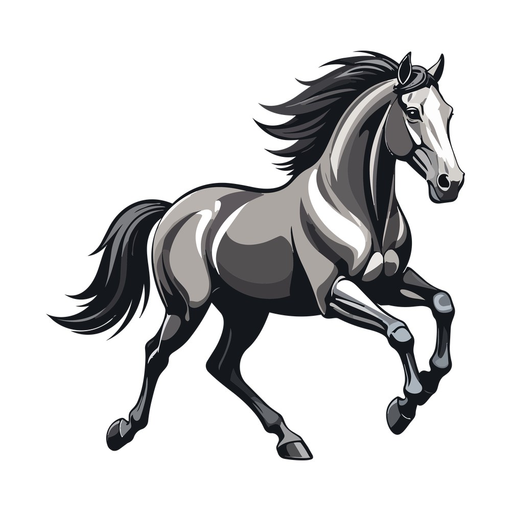 Gray galloping horse with flowing black mane and tail, white blaze, hooves lifted