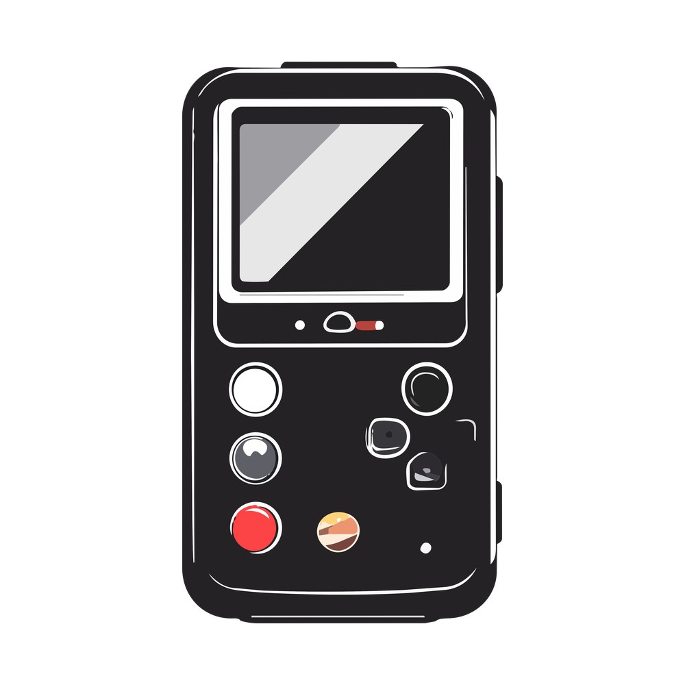 Black retro handheld game console with glossy screen, round buttons and a red button