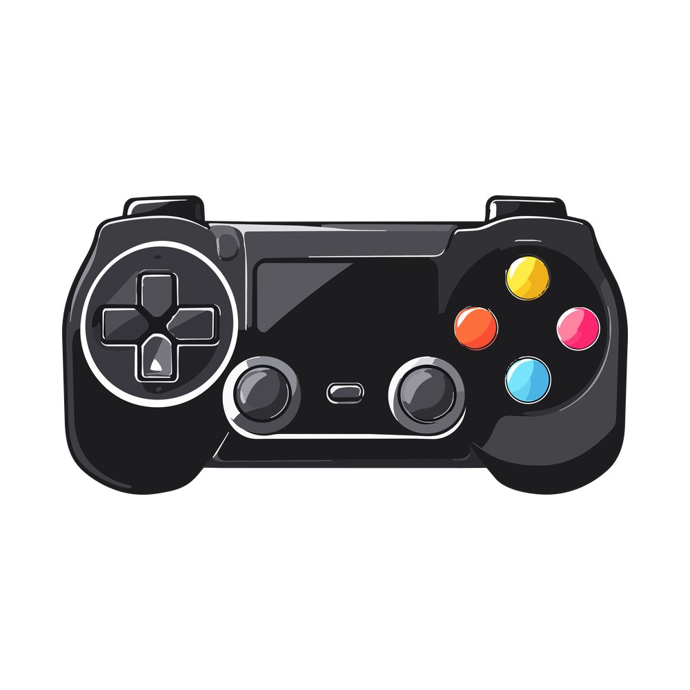 Glossy black game controller with silver d-pad and yellow, red, pink and blue buttons