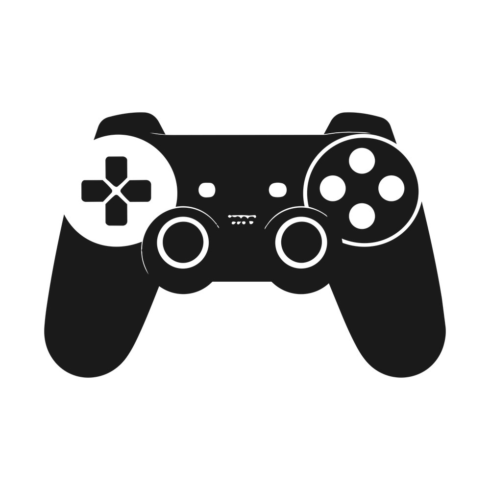 Black game controller silhouette with d-pad, four round buttons and two thumbsticks