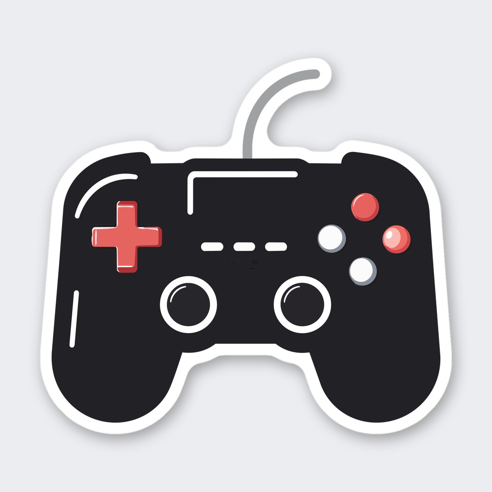Black video game controller sticker with red d-pad, red and white buttons, thumbsticks and gray cable