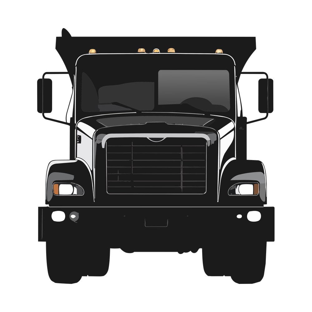 Front view of a black garbage truck with chrome grille, amber roof lights and side mirrors