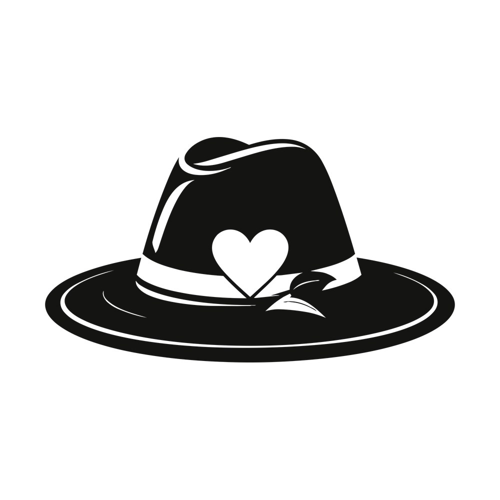 Sun hat silhouette in side view with wide band, heart at the front and a small feather
