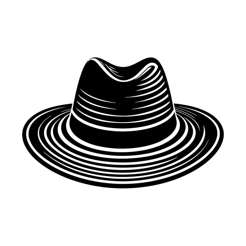 Solid black silhouette of a straw sun hat with striped woven brim, shown from the front