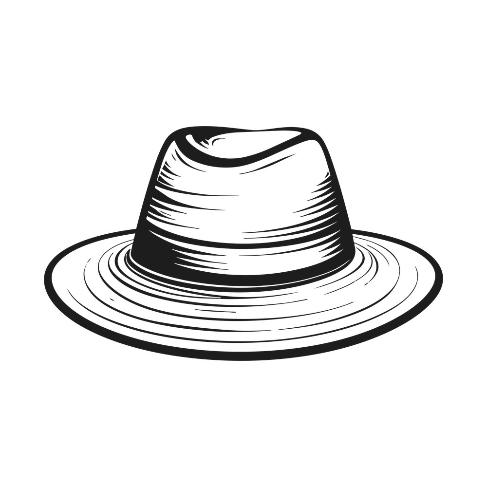 Line art drawing of a wide brim straw sun hat with banded crown and curved brim strokes