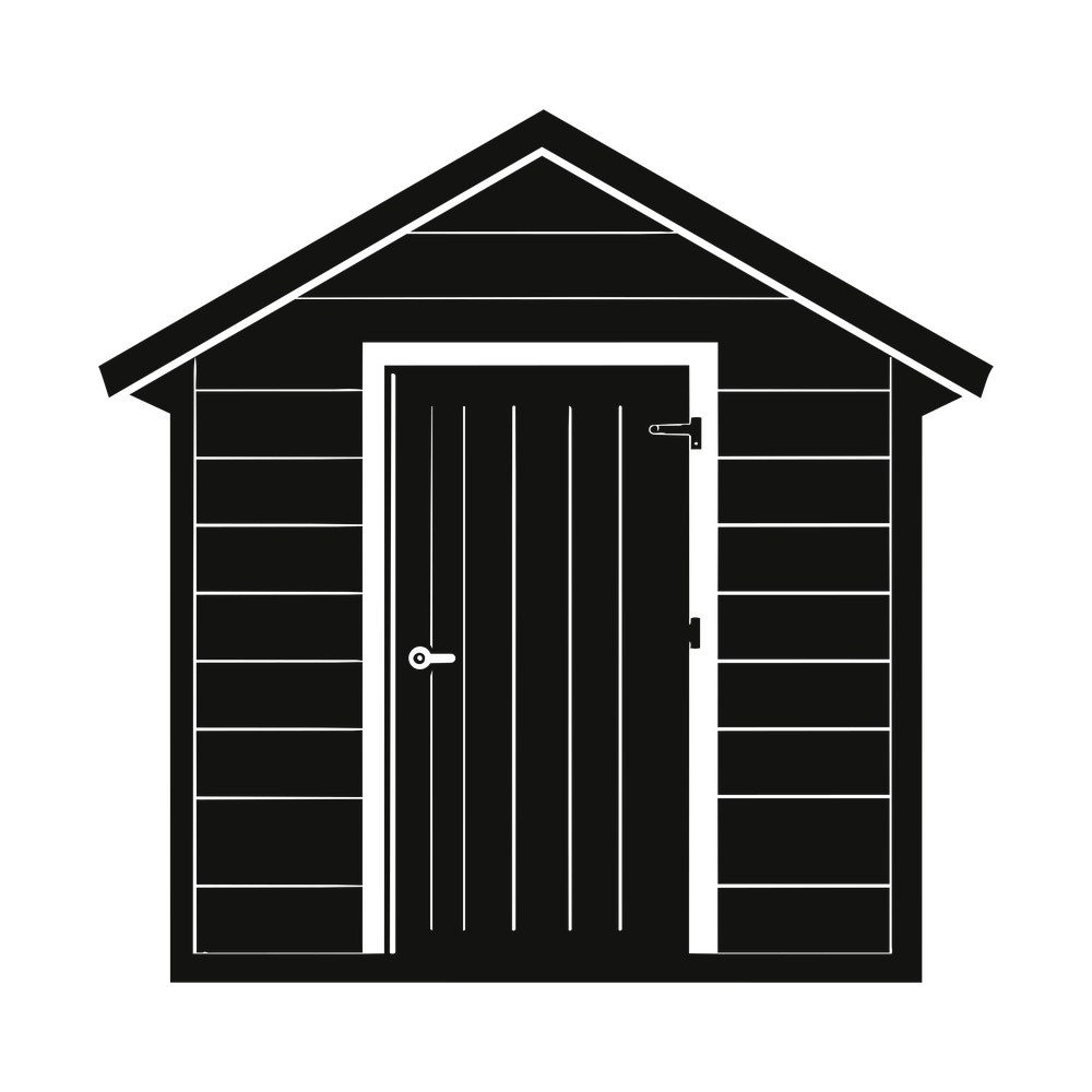 Solid black garden shed front view with gabled roof, plank siding and a door with handle and hinges