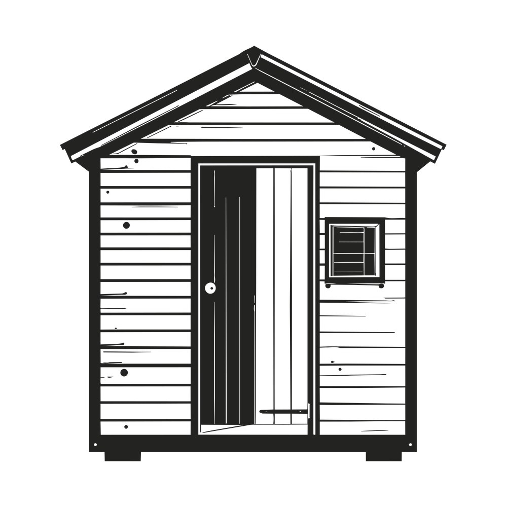 Line art garden shed with clapboard siding, gabled roof, small window and half open plank door
