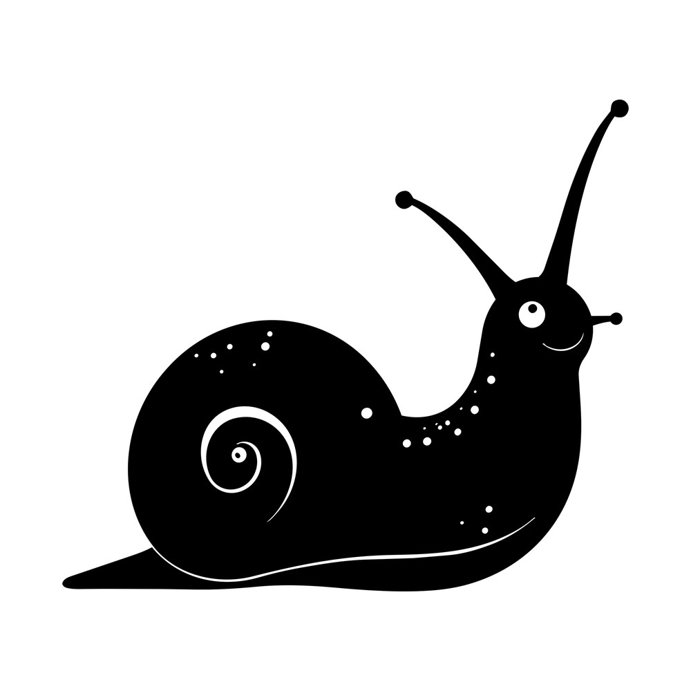 Black cartoon snail silhouette with spiral shell, cut-out dots, smiling face and long eye stalks