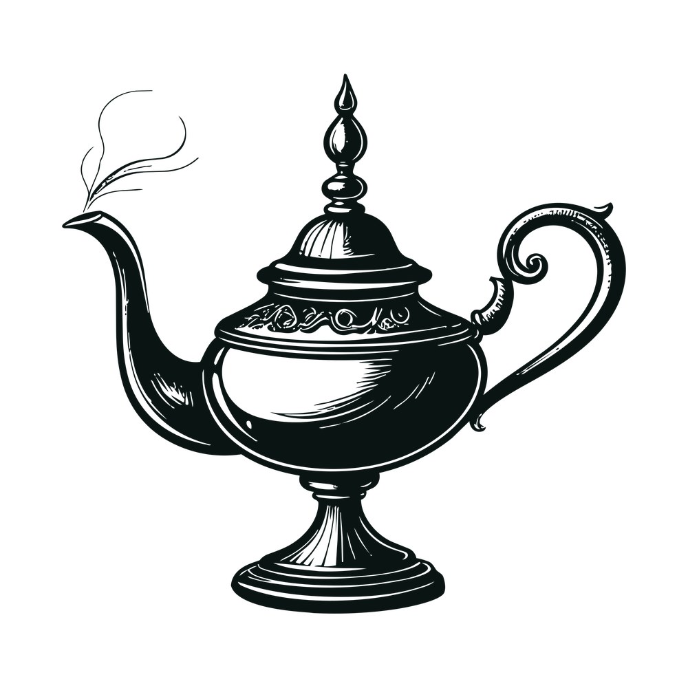 Line art genie oil lamp in side view with ornate lid, curved handle and rising smoke