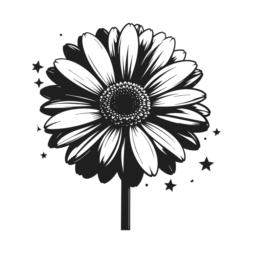 Hand-drawn gerbera daisy with layered petals, seeded center, straight stem and scattered stars