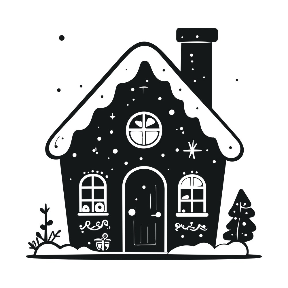 Front view gingerbread house with iced roof, arched windows, chimney, fir tree and falling snow