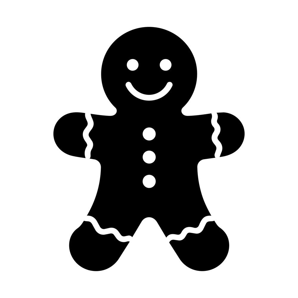 Black gingerbread man cookie sticker with smiling face, three buttons and icing cuffs