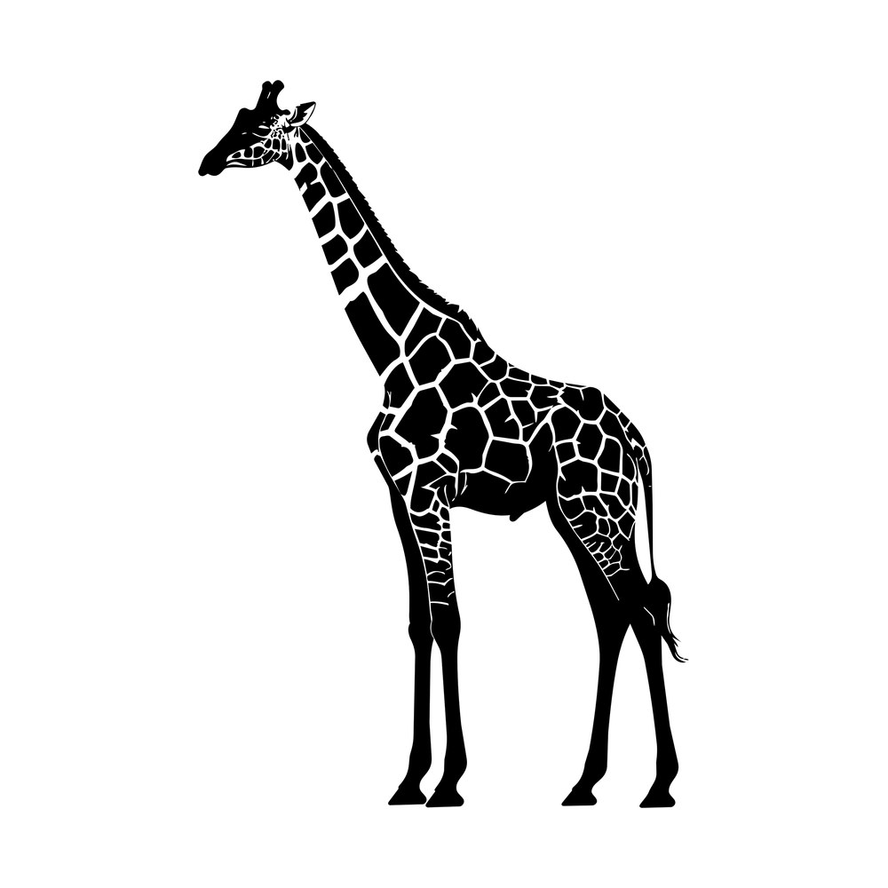 Black giraffe silhouette standing in profile with patterned spots on neck and body