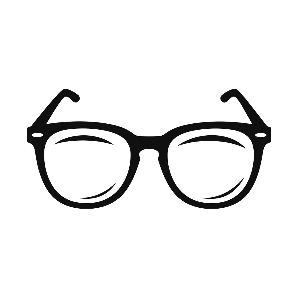 Black round eyeglasses seen from the front with open temple arms and glare lines